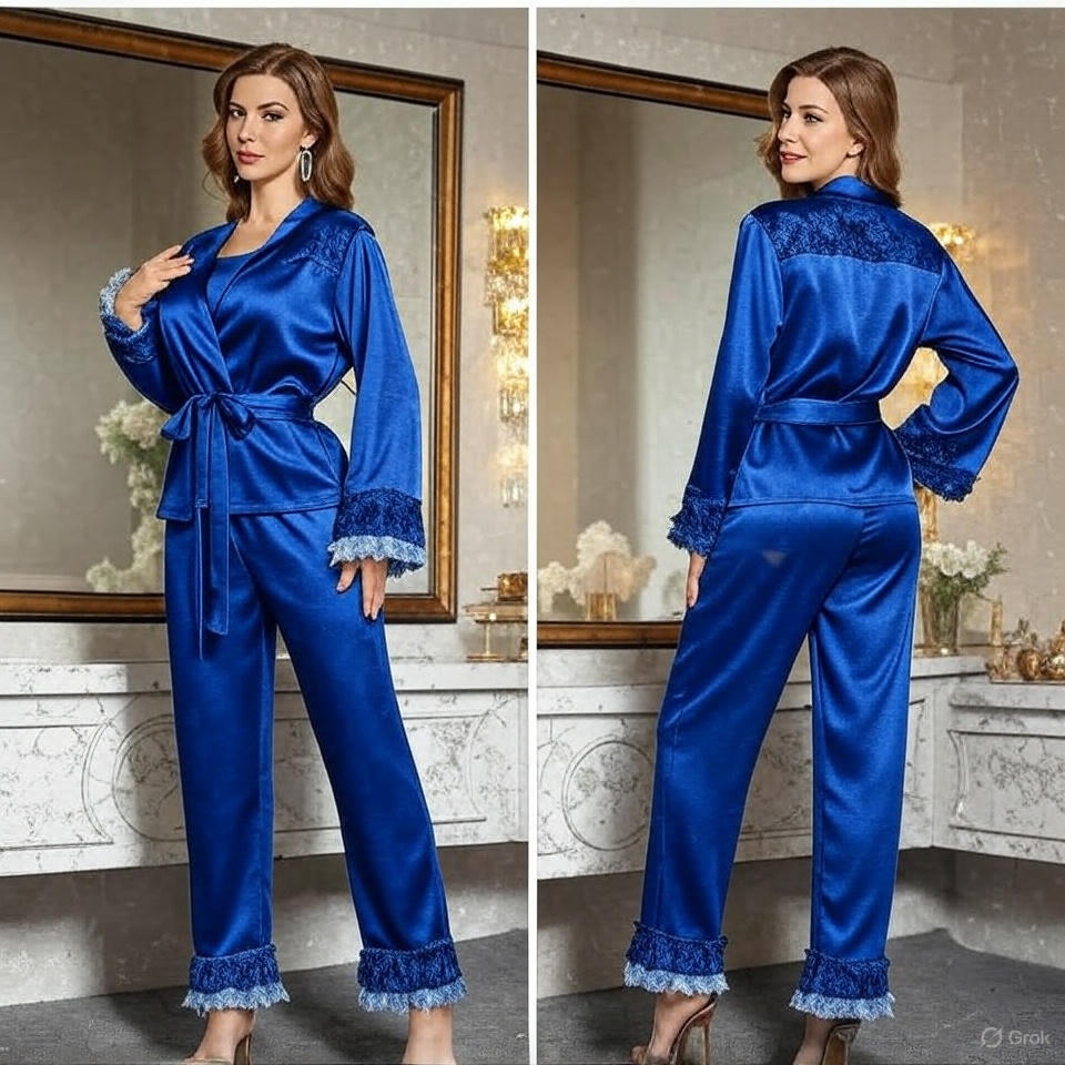 Luxe Lace-Trim Satin Pajama Set with Robe – Luxury Collection