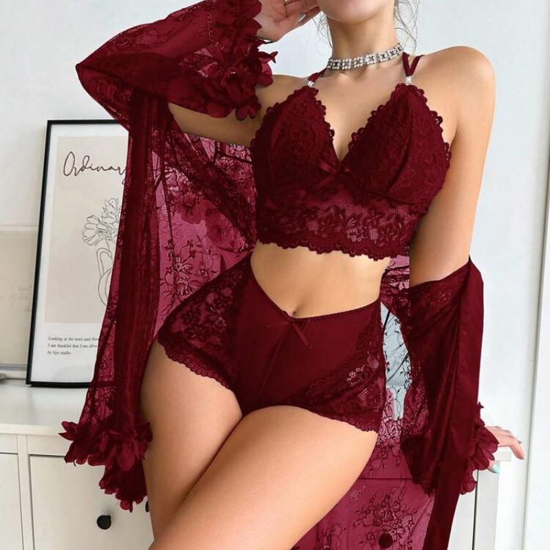 Royale 3-Piece Lace Lingerie Set with Sheer Robe – Luxury Seduction Collection
