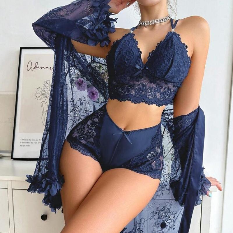 Royale 3-Piece Lace Lingerie Set with Sheer Robe – Luxury Seduction Collection