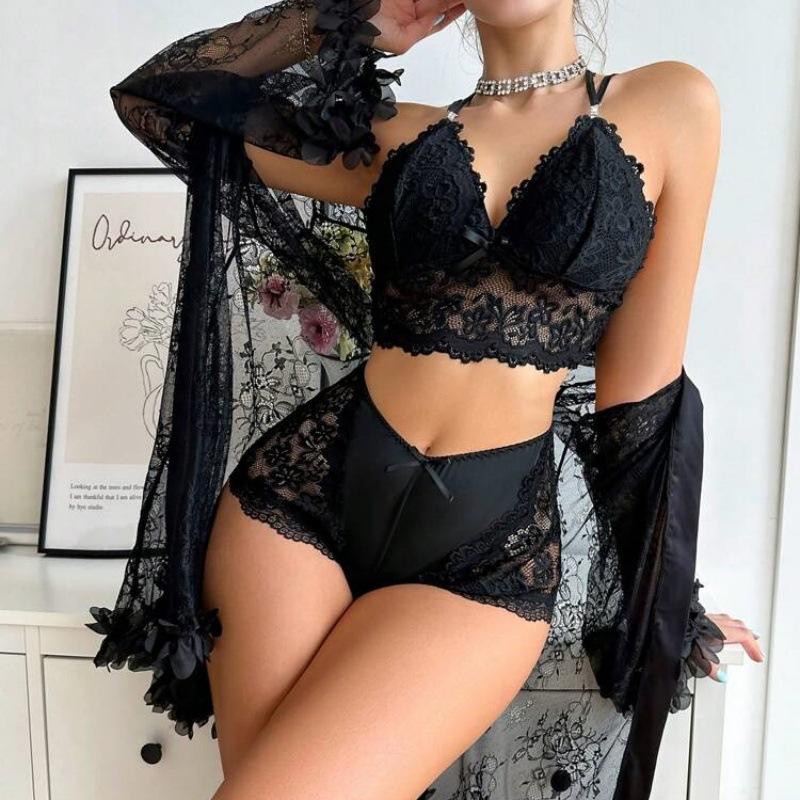 Royale 3-Piece Lace Lingerie Set with Sheer Robe – Luxury Seduction Collection