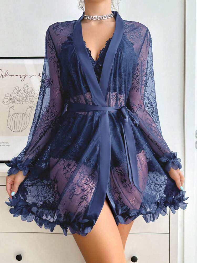 Royale 3-Piece Lace Lingerie Set with Sheer Robe – Luxury Seduction Collection