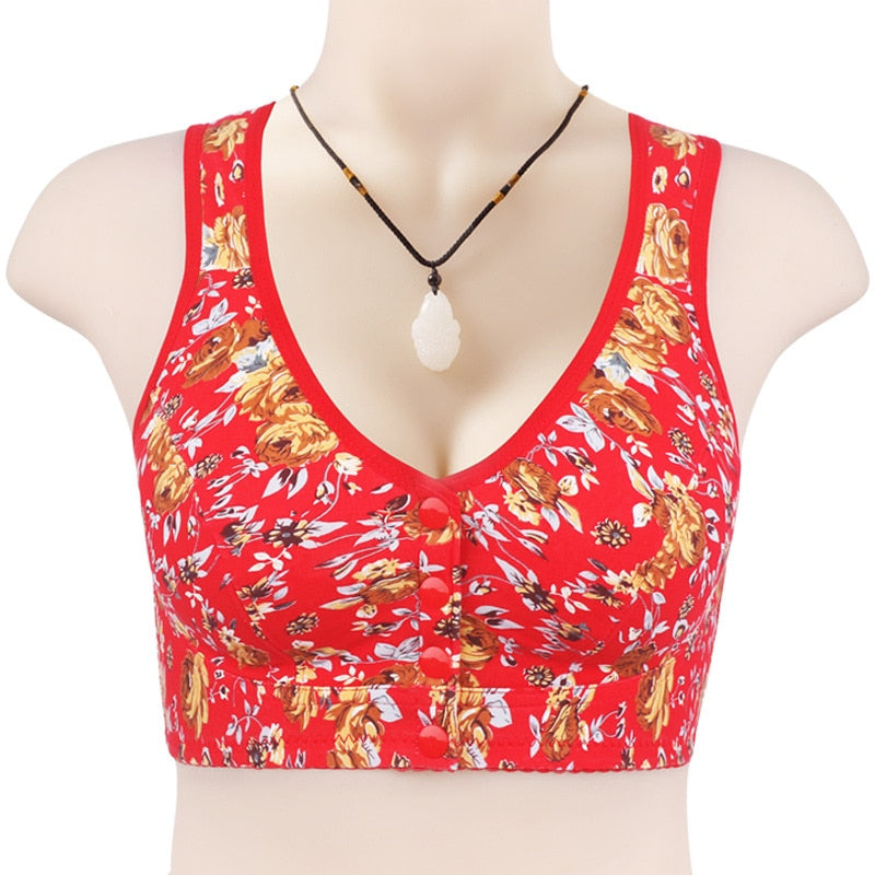 Gobetter floral printed button front bra for women cotton soft 36-46