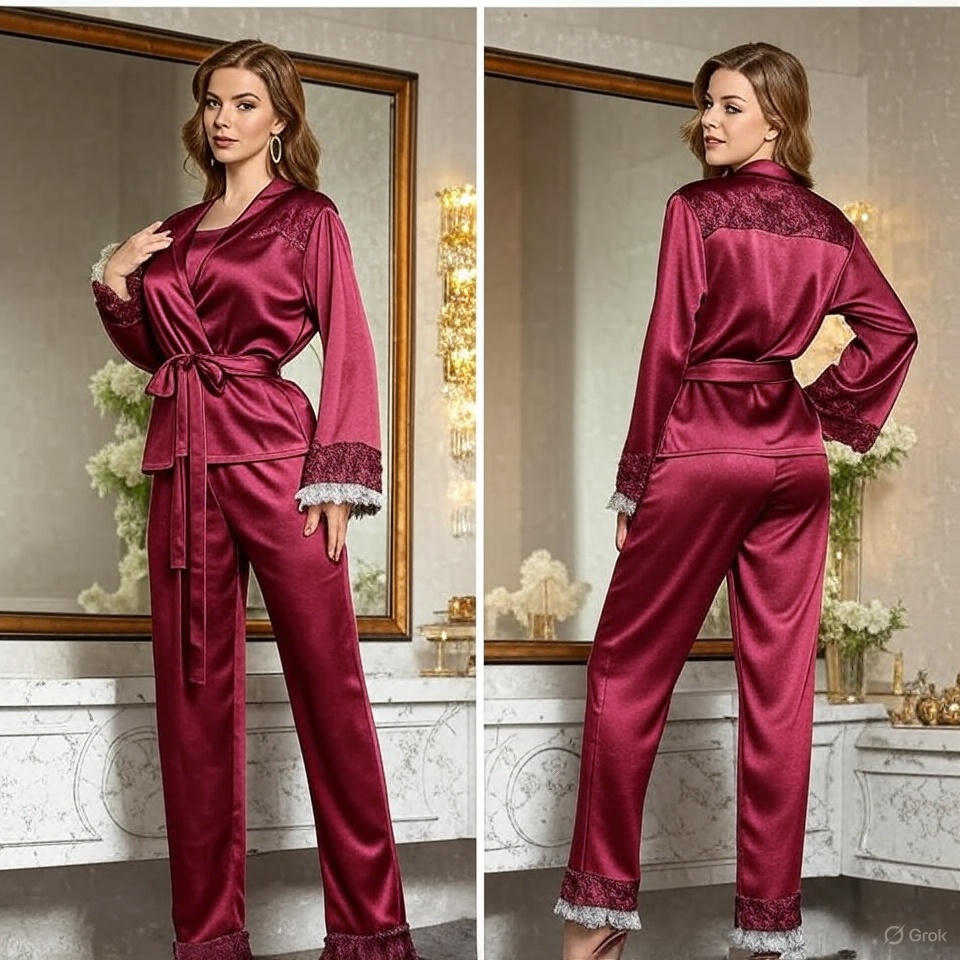 Luxe Lace-Trim Satin Pajama Set with Robe – Luxury Collection
