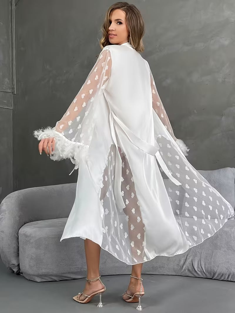 V-Neck Long Sleeve Home Robe with Heart Pattern and Feathered Sleeves,
