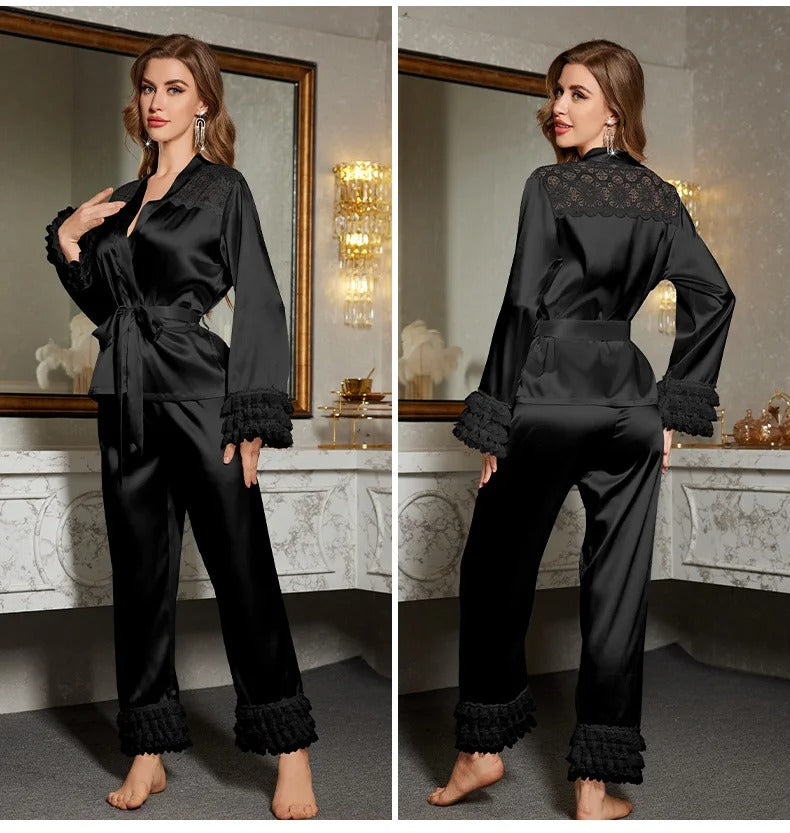 Luxe Lace-Trim Satin Pajama Set with Robe – Luxury Collection