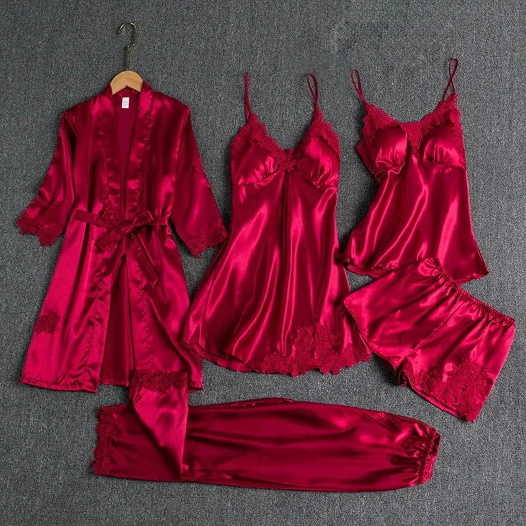 5 Piece Silk Long Bridal Nighty Set Best Honeymoon Gown with Bra and Pant (Copy)