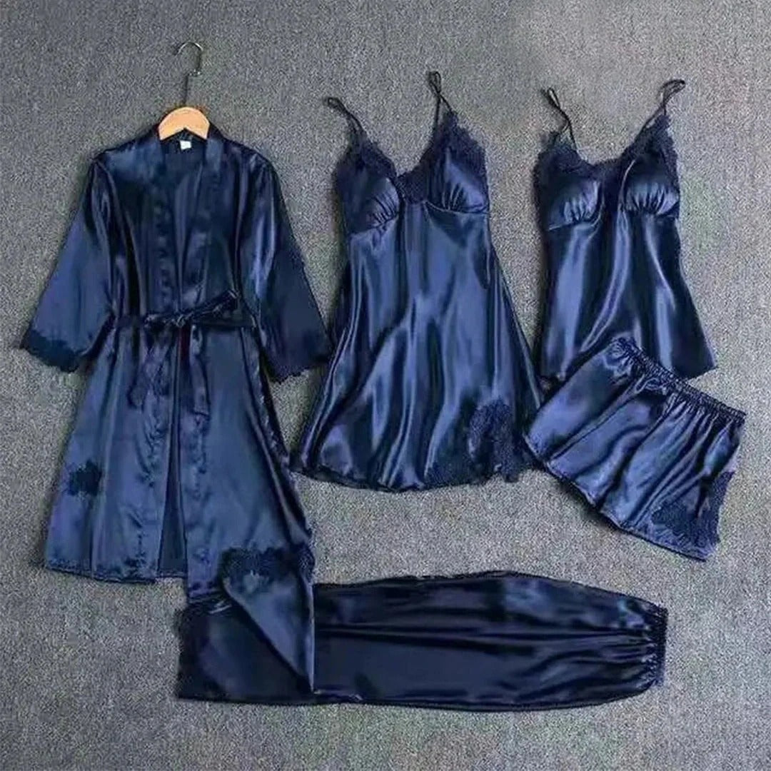 5 Piece Silk Long Bridal Nighty Set Best Honeymoon Gown with Bra and Pant (Copy)