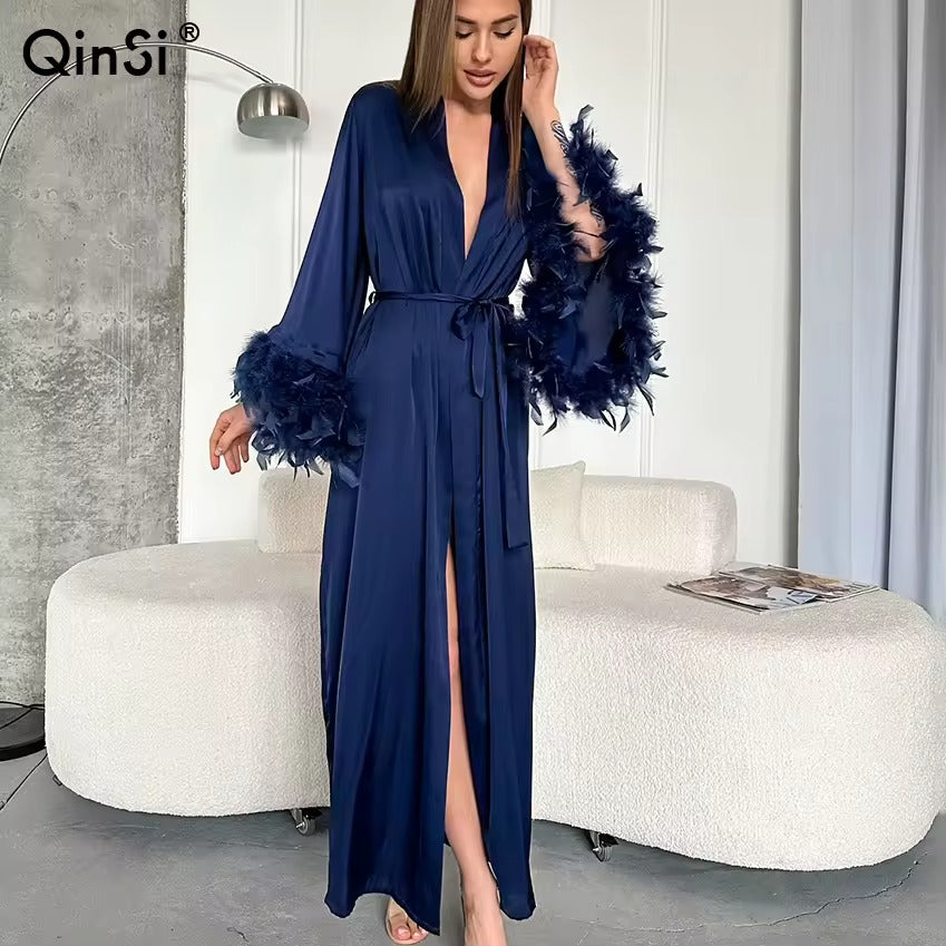 Women Sexy V Neck Feather Full Sleeves Belt Long Robe for Woman Casual Soft Robes for Women