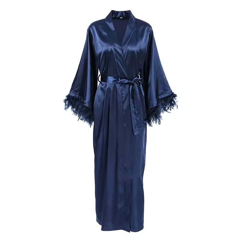 Women Sexy V Neck Feather Full Sleeves Belt Long Robe for Woman Casual Soft Robes for Women