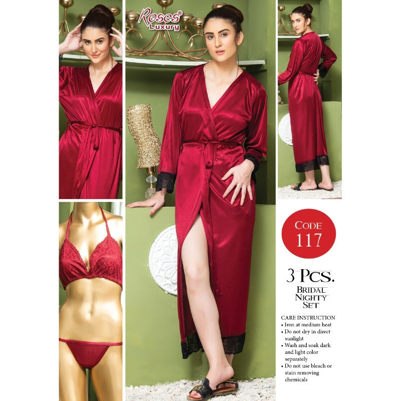 3 Piece Silk Long Bridal Nighty Set Best Honeymoon Gown with Bra and Pant