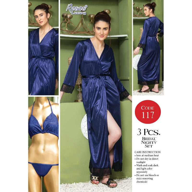 3 Piece Silk Long Bridal Nighty Set Best Honeymoon Gown with Bra and Pant