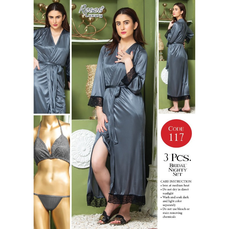 3 Piece Silk Long Bridal Nighty Set Best Honeymoon Gown with Bra and Pant