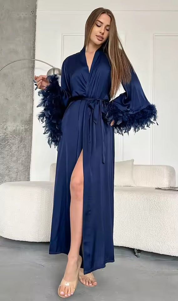 Women Sexy V Neck Feather Full Sleeves Belt Long Robe for Woman Casual Soft Robes for Women