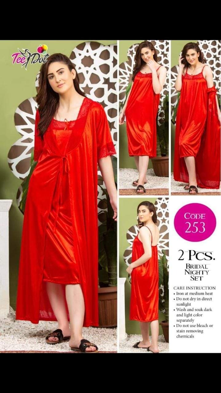 2 PIECES Bridal Red Long Camisole & Gown Night Dress