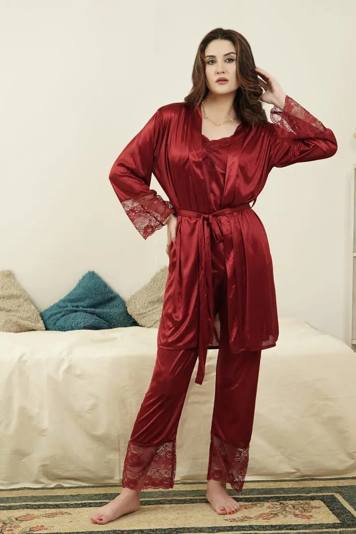 5-Piece Bridal Silk Long Slit Nighty Set