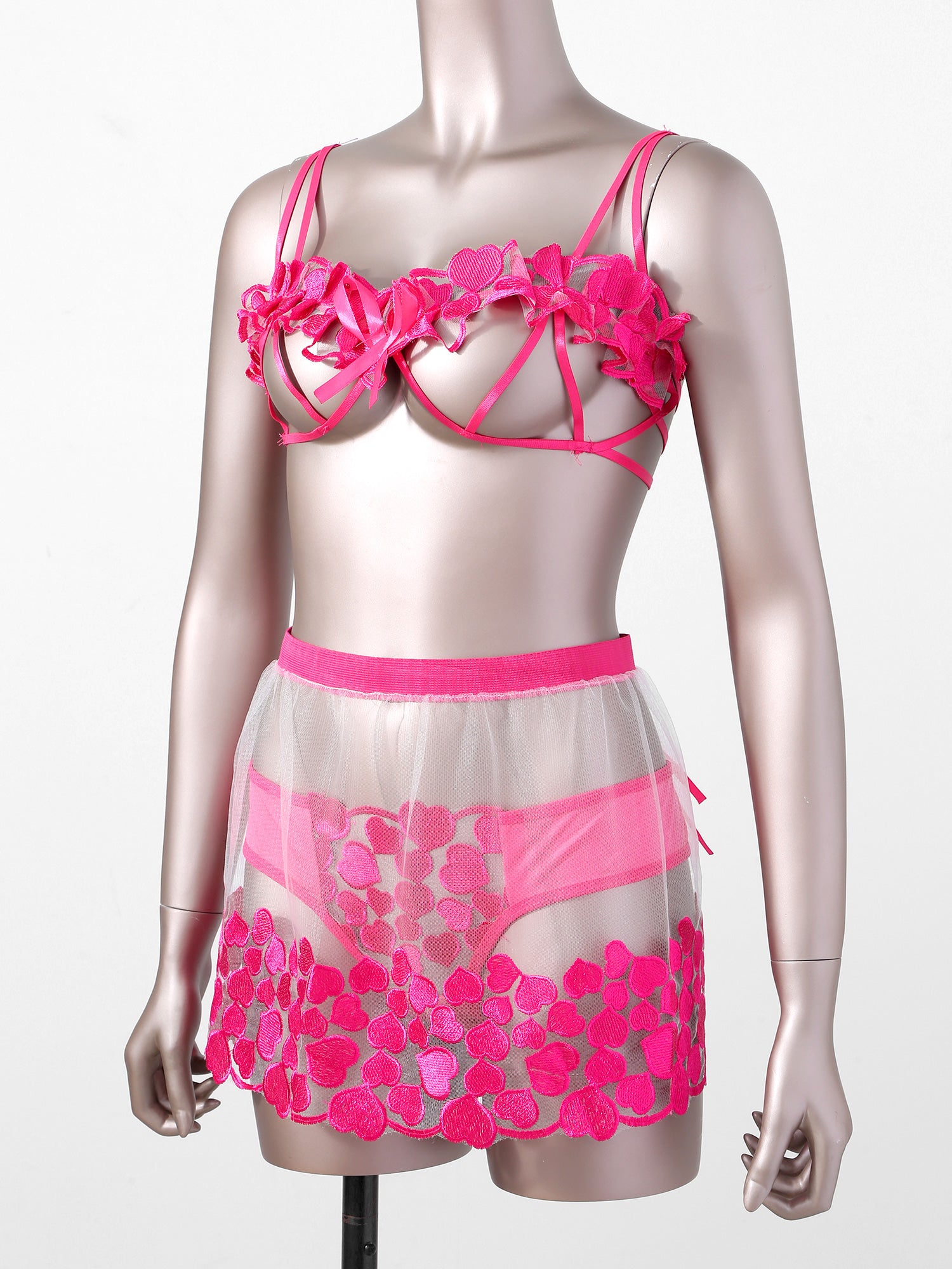 Women Sexy Embroidery Underwear See Through Erotic Costumes Hollow Out Bra Thong Transparent Skirt 3 Pieces Exotic Lingerie Set