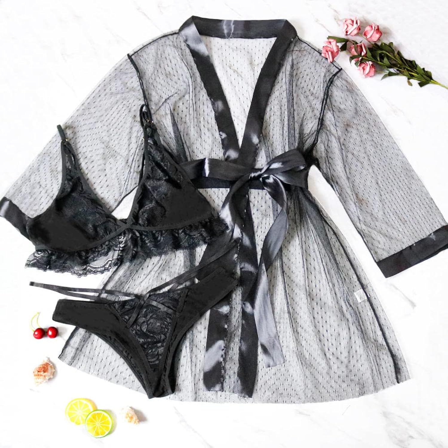 (3-Piece) Sheer Hooded Robe Polka Dot Mesh Lingerie Robe Set  Zar.