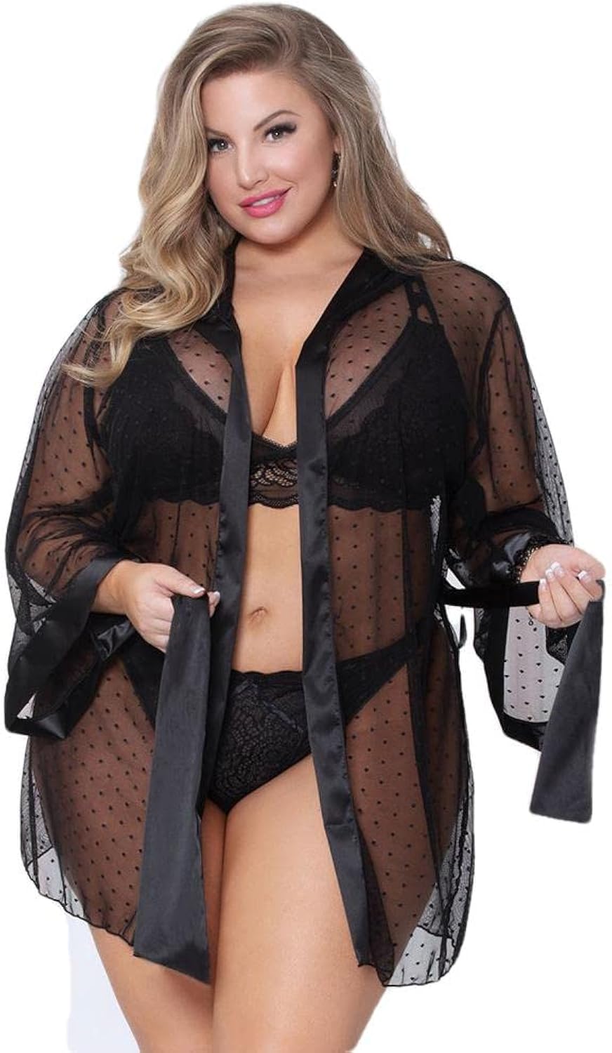 (3-Piece) Sheer Hooded Robe Polka Dot Mesh Lingerie Robe Set  Zar.