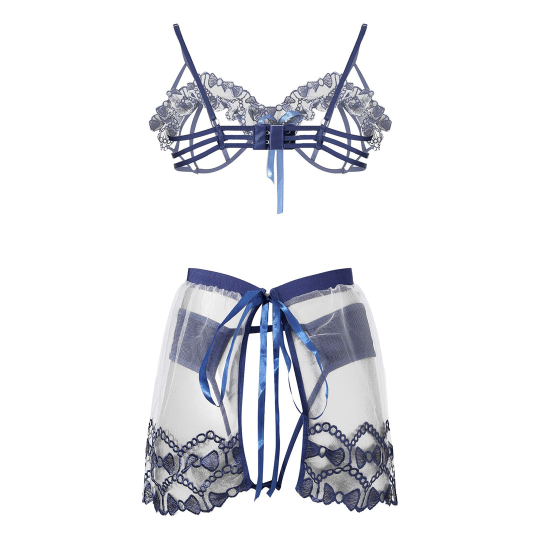 Women Sexy Embroidery Underwear See Through Erotic Costumes Hollow Out Bra Thong Transparent Skirt 3 Pieces Exotic Lingerie Set