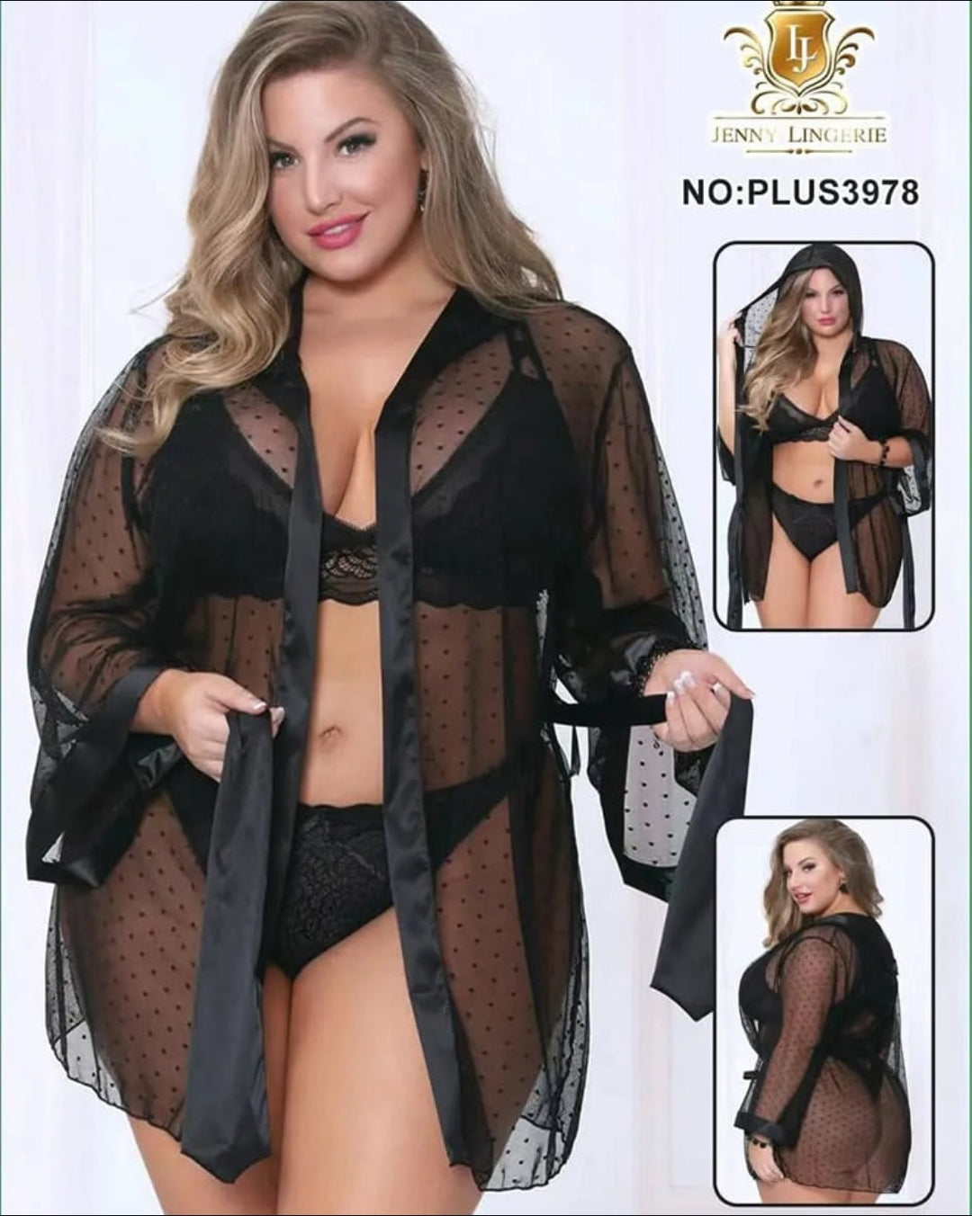 (3-Piece) Sheer Hooded Robe Polka Dot Mesh Lingerie Robe Set  Zar.