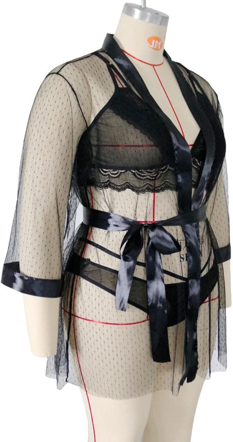 (3-Piece) Sheer Hooded Robe Polka Dot Mesh Lingerie Robe Set  Zar.