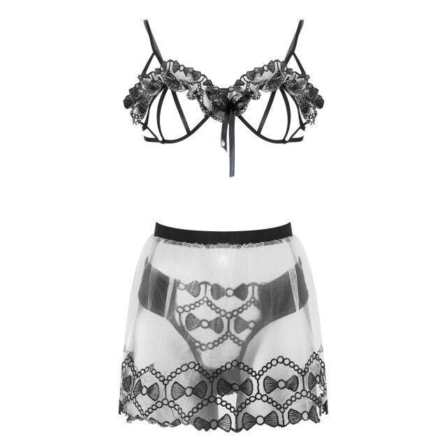 Women Sexy Embroidery Underwear See Through Erotic Costumes Hollow Out Bra Thong Transparent Skirt 3 Pieces Exotic Lingerie Set