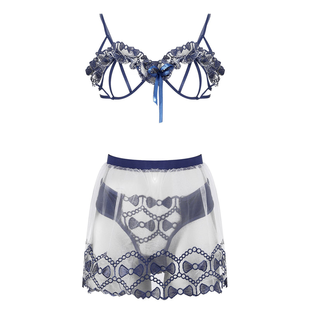 Women Sexy Embroidery Underwear See Through Erotic Costumes Hollow Out Bra Thong Transparent Skirt 3 Pieces Exotic Lingerie Set