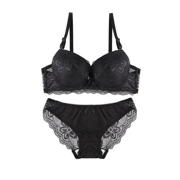 Adjusted-straps 3/4 Cup Cotton Lace Embroidery Lingerie Bra set Push up Underwear Set