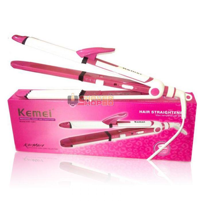 Kemei KM 1291 Ceramic Professional 3 in 1 Electric Hair Straightener Curler Styler and Crimper - Pink & White
