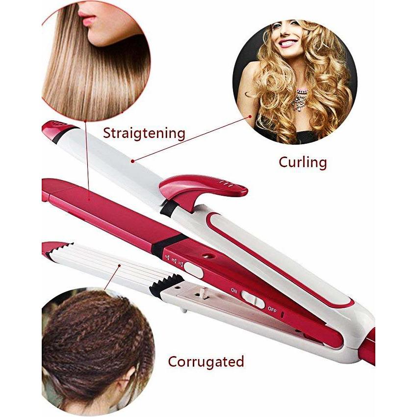 Kemei KM 1291 Ceramic Professional 3 in 1 Electric Hair Straightener Curler Styler and Crimper - Pink & White